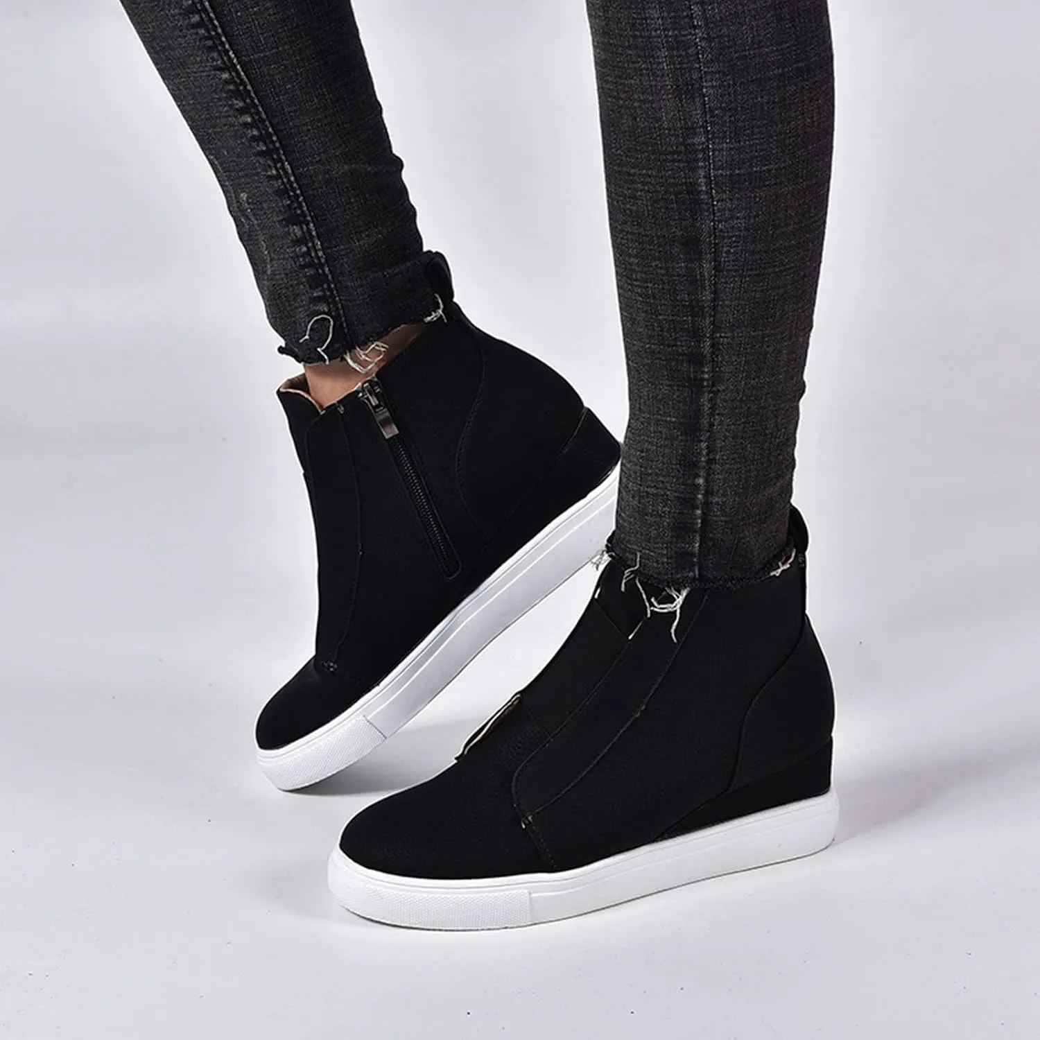 ZBYY Wedge Sneakers for Women Hidden Wedges Side Zipper Suede Platform Ankle Booties Fashion Casual High Top Sneakers