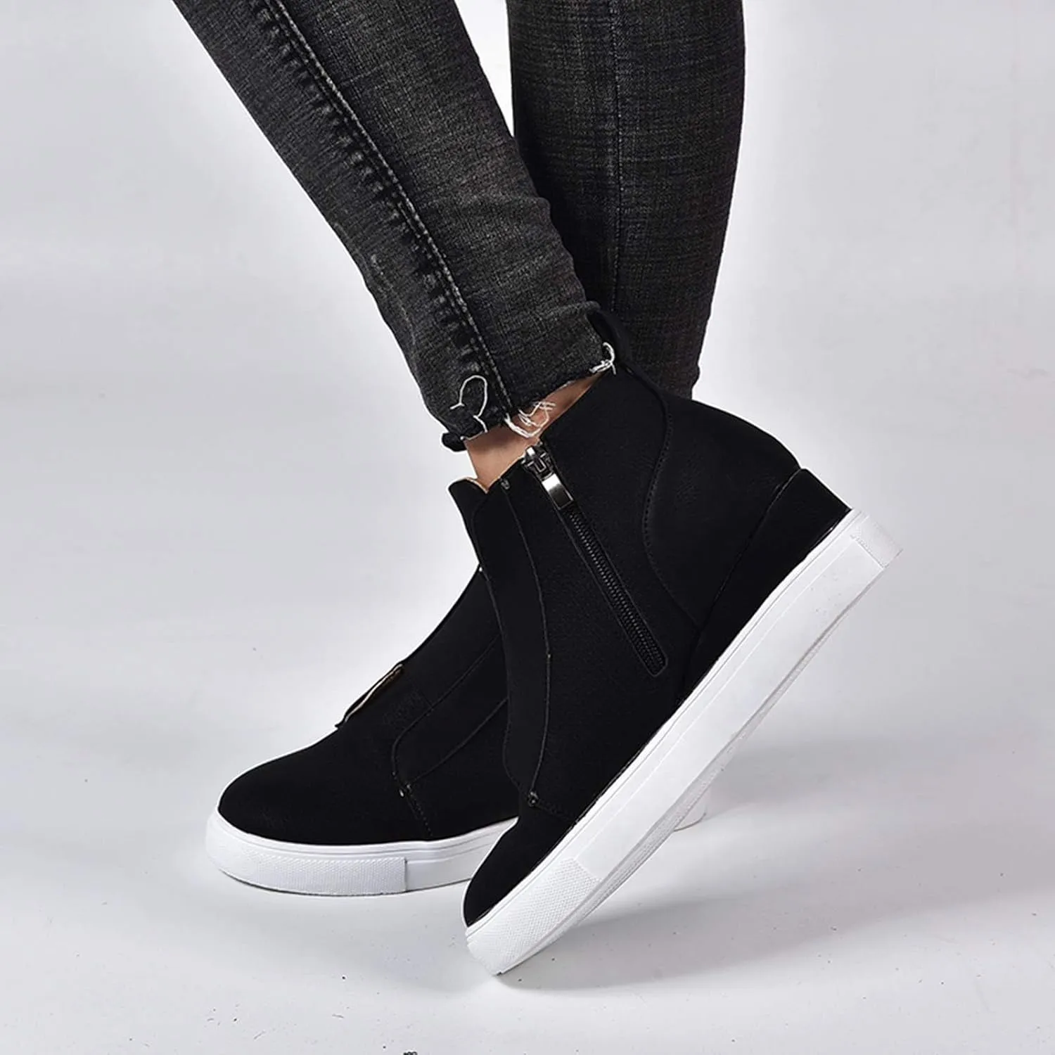 ZBYY Wedge Sneakers for Women Hidden Wedges Side Zipper Suede Platform Ankle Booties Fashion Casual High Top Sneakers