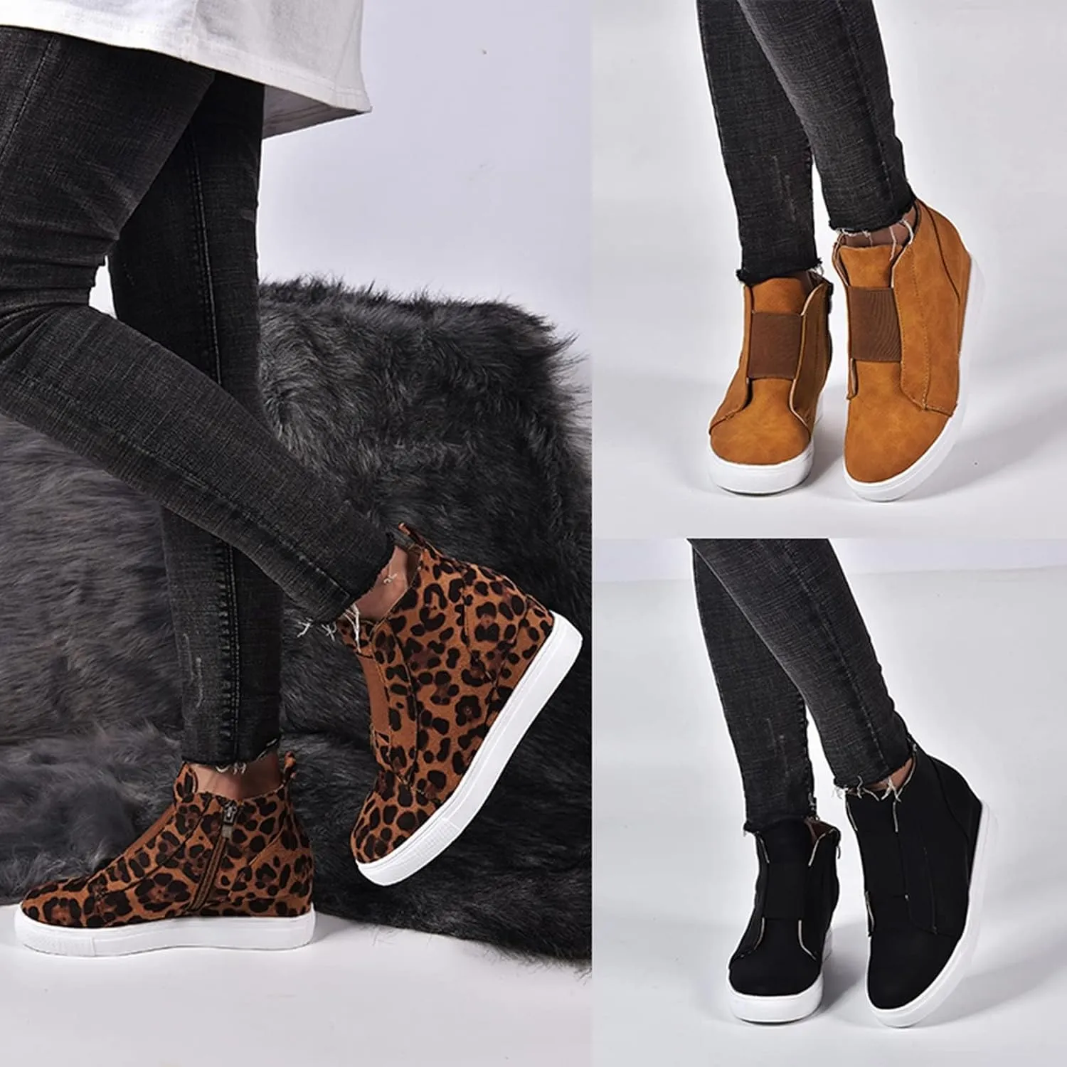 ZBYY Wedge Sneakers for Women Hidden Wedges Side Zipper Suede Platform Ankle Booties Fashion Casual High Top Sneakers