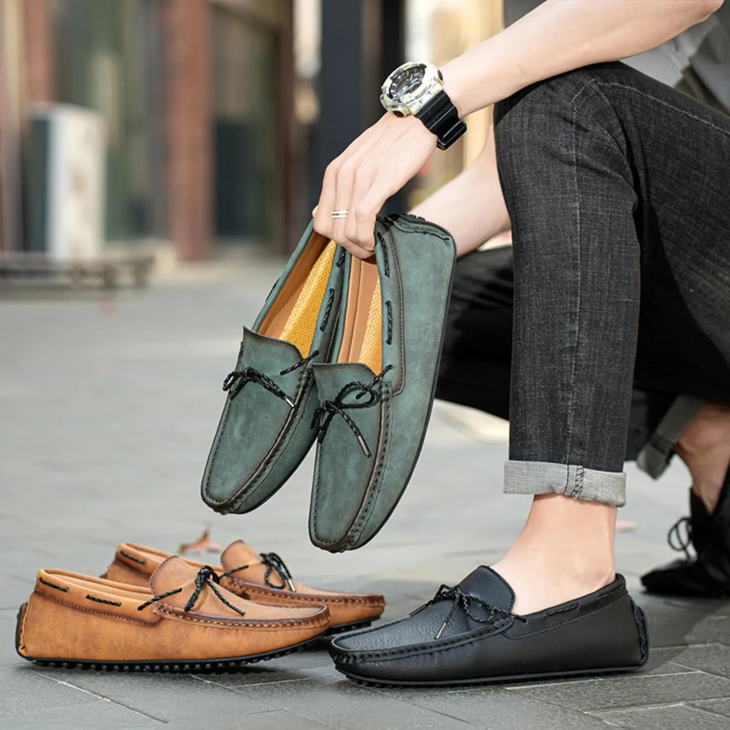 Zeberfi Men's Leather Moccasins Penny Loafers Casual Lace up Slip on Gommino Flat Driving Shoes Comfort Dress Boat Shoes
