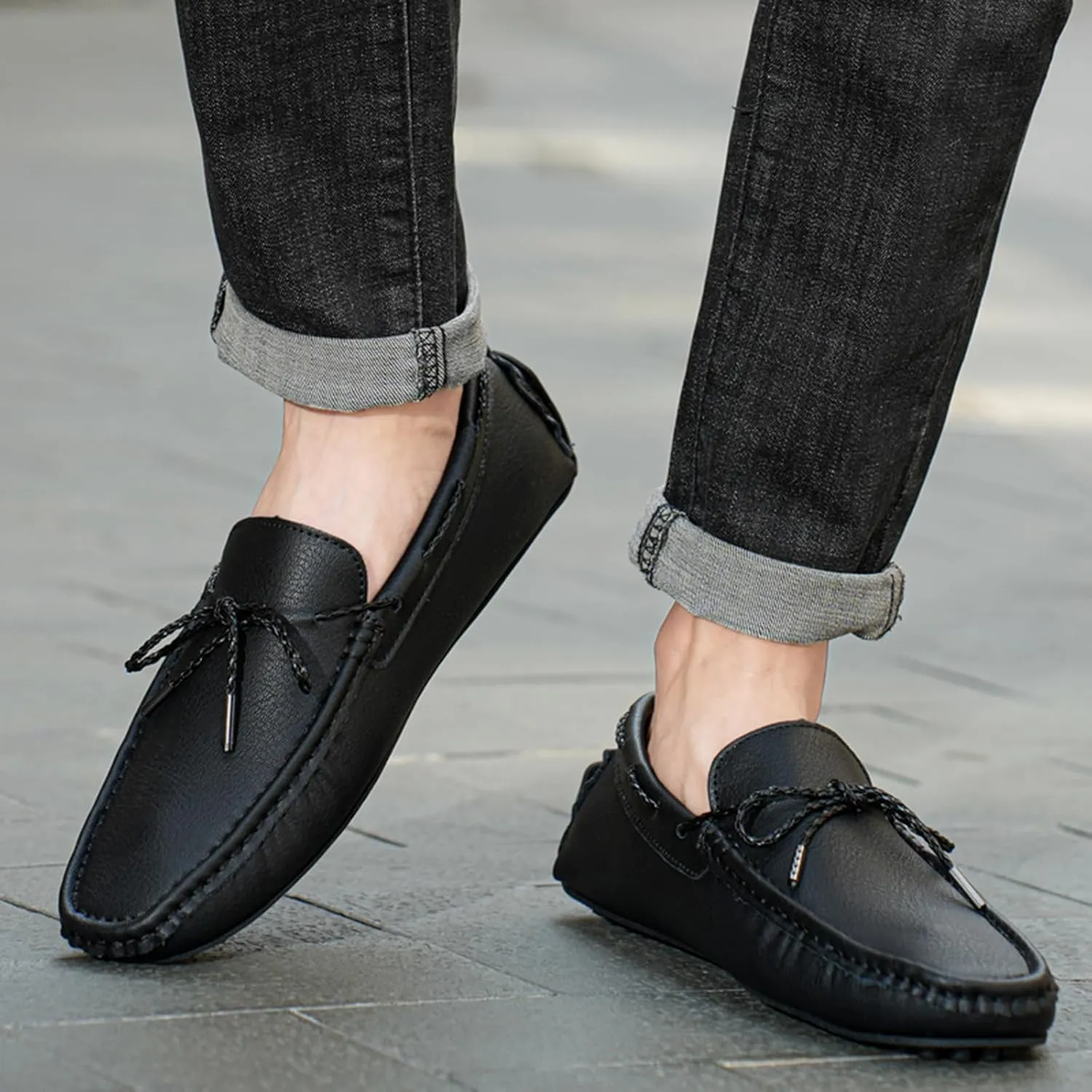 Zeberfi Men's Leather Moccasins Penny Loafers Casual Lace up Slip on Gommino Flat Driving Shoes Comfort Dress Boat Shoes