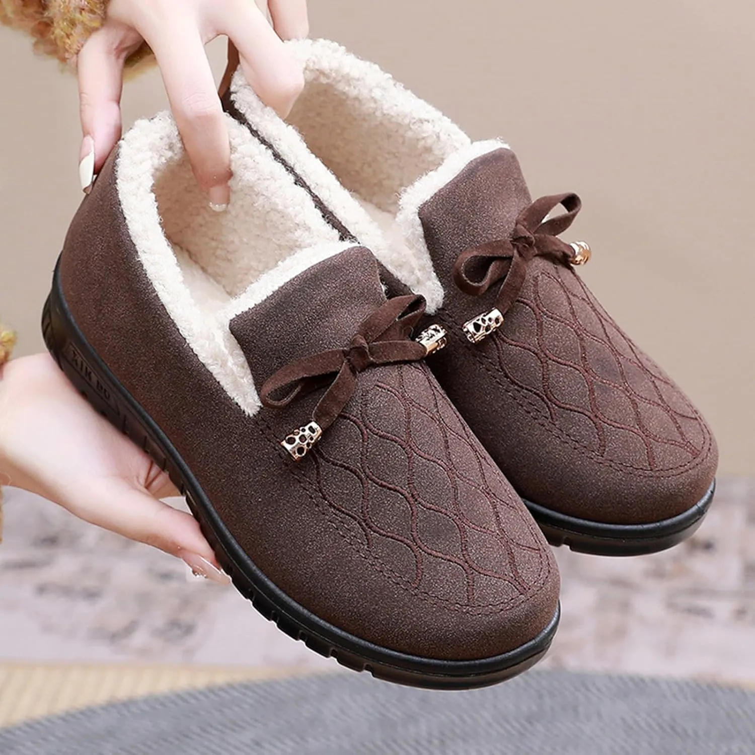 Zeberfi Women's Moccasin Suede Fur Lined Loafers with Bow Tie Retro Embroidery Round Toe Slip On Non-Slip Flats Winter Warm Comfortable Casual Shoes