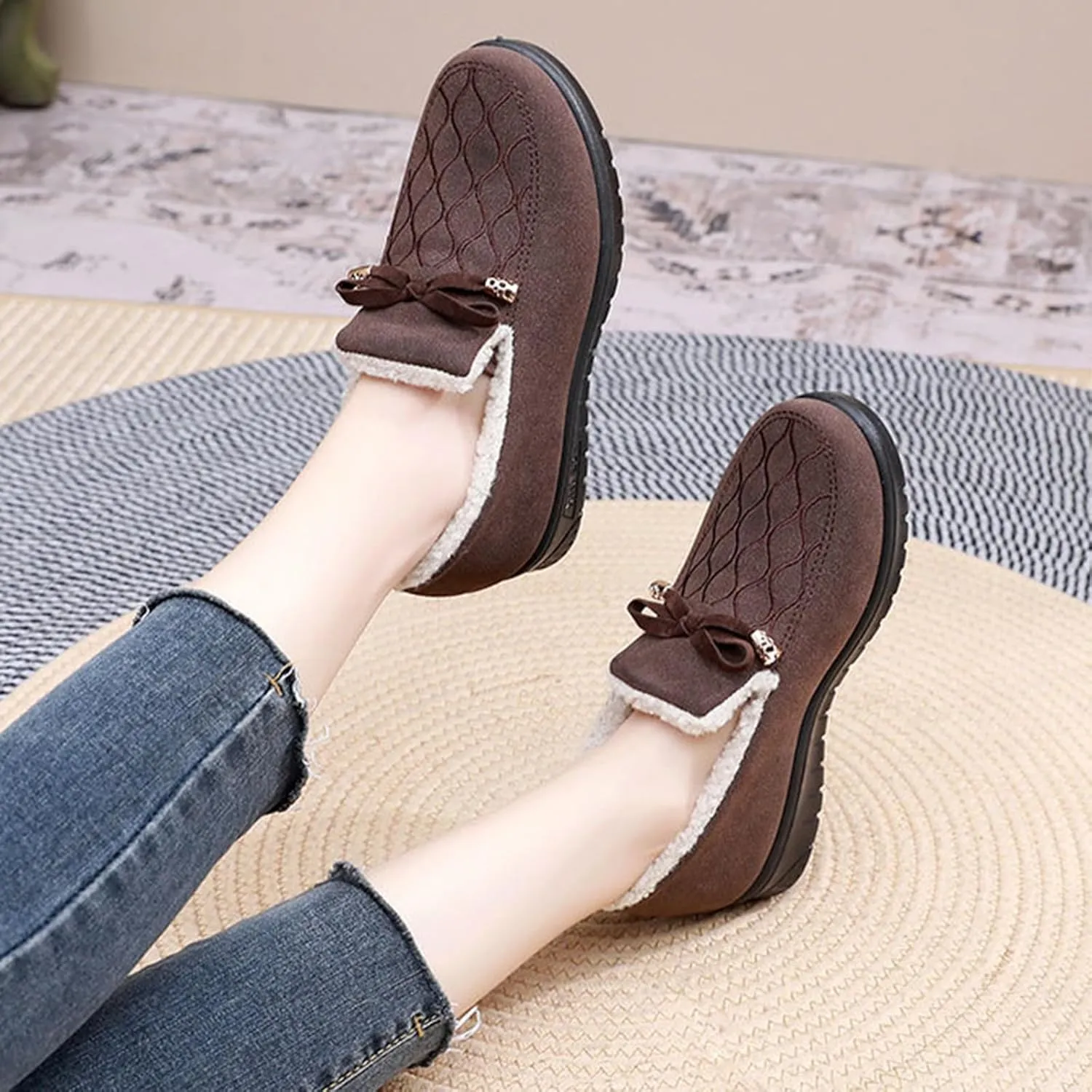 Zeberfi Women's Moccasin Suede Fur Lined Loafers with Bow Tie Retro Embroidery Round Toe Slip On Non-Slip Flats Winter Warm Comfortable Casual Shoes