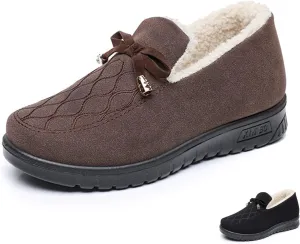 Zeberfi Women's Moccasin Suede Fur Lined Loafers with Bow Tie Retro Embroidery Round Toe Slip On Non-Slip Flats Winter Warm Comfortable Casual Shoes