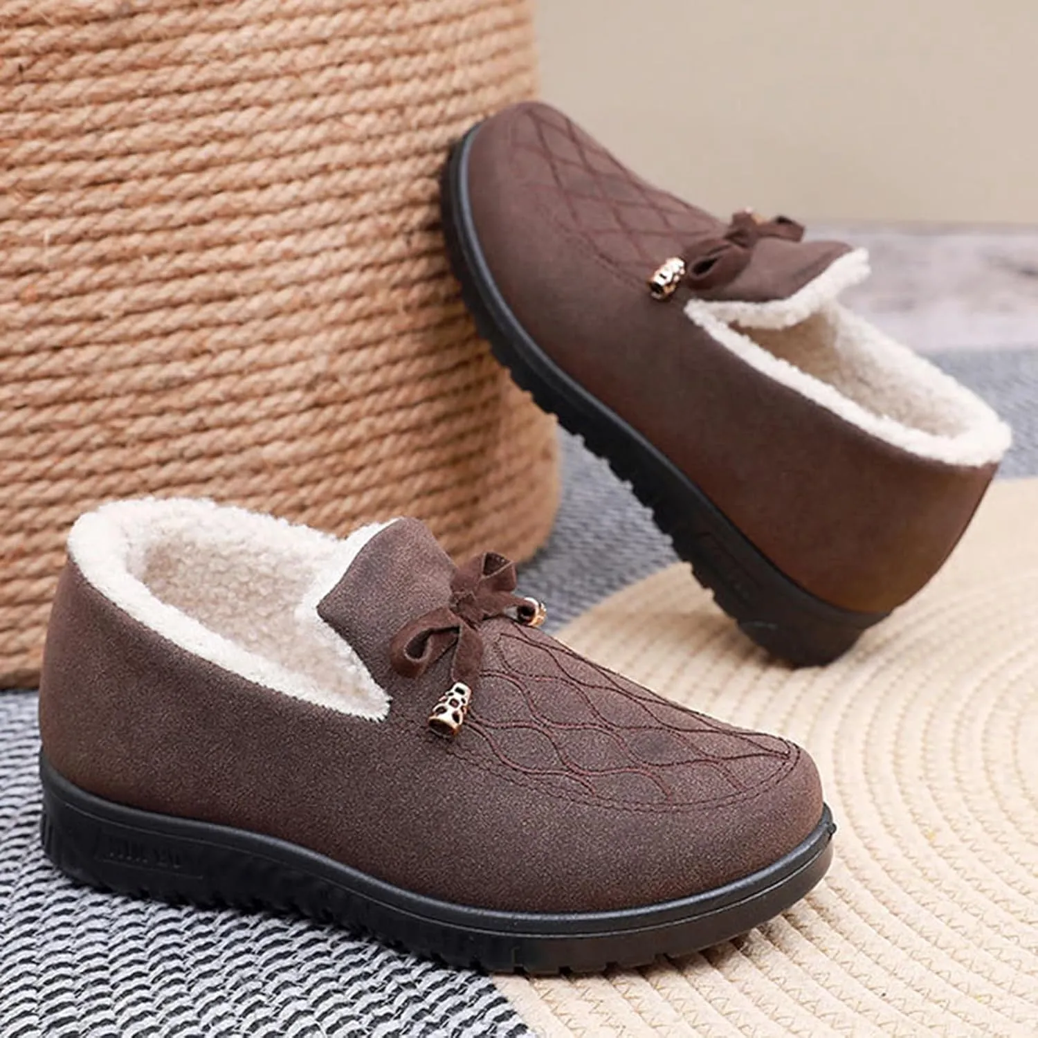 Zeberfi Women's Moccasin Suede Fur Lined Loafers with Bow Tie Retro Embroidery Round Toe Slip On Non-Slip Flats Winter Warm Comfortable Casual Shoes