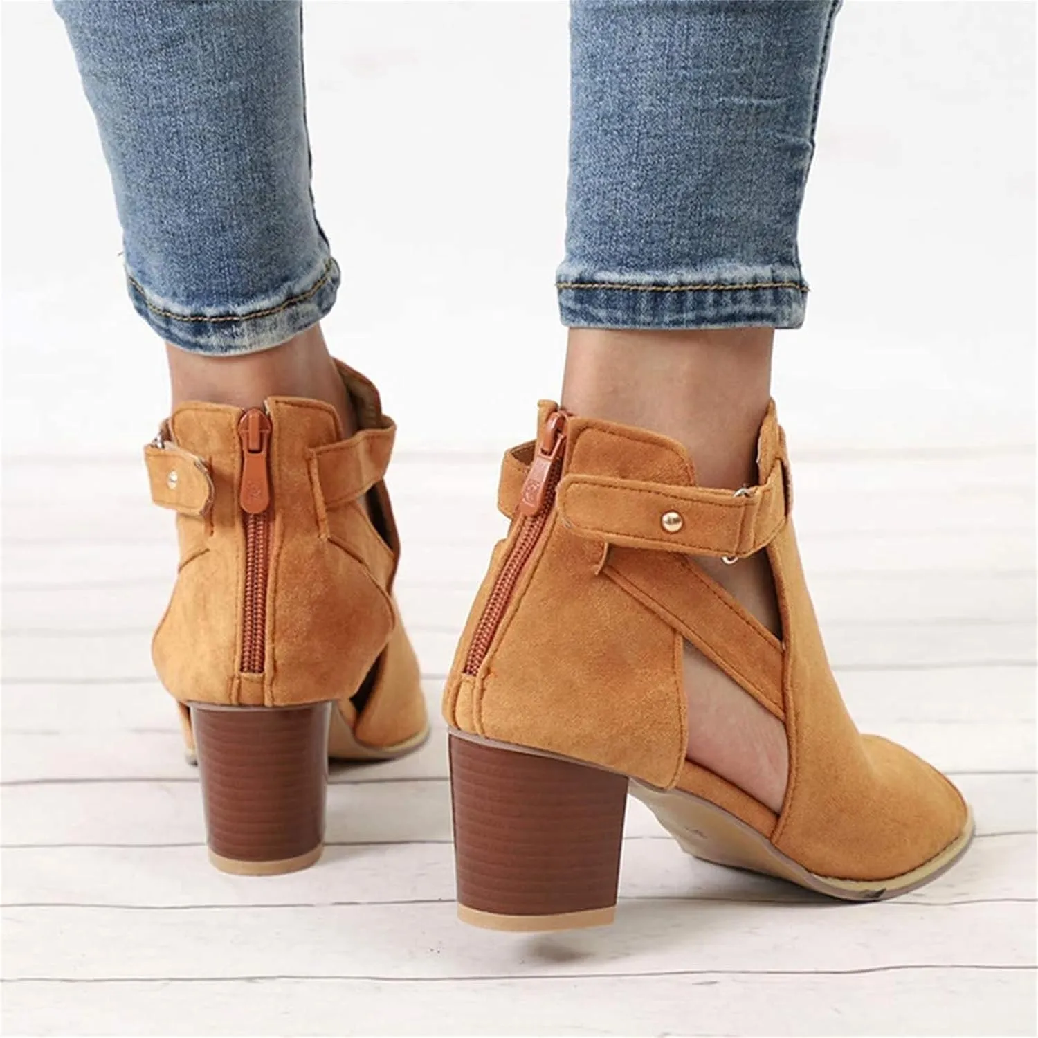 ZHOUYF Womens Heeled Sandals Summer Peep Toe Booties Chunky Heel Cutout Sandals Ankle Strap Dress Sandals with Back Zipper
