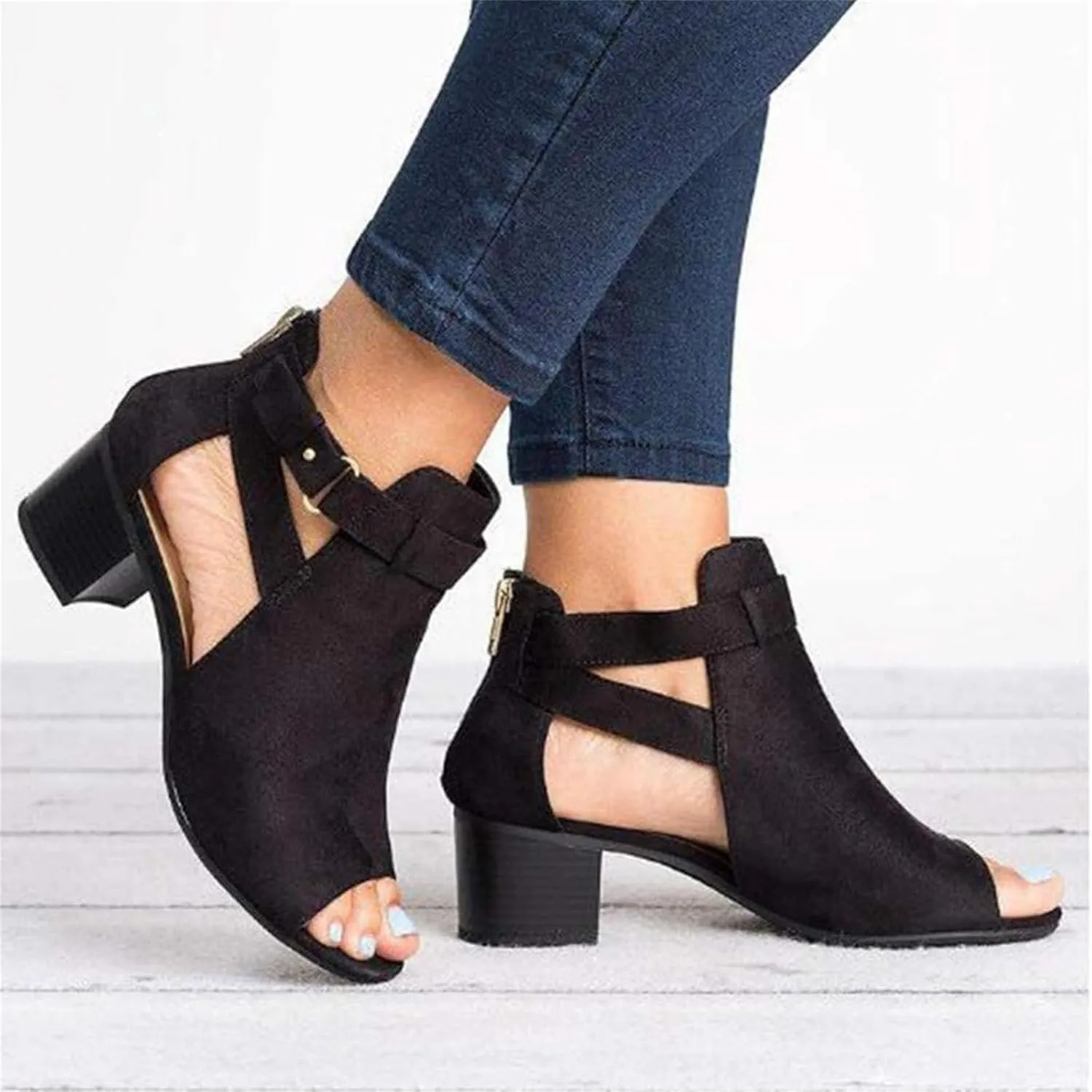 ZHOUYF Womens Heeled Sandals Summer Peep Toe Booties Chunky Heel Cutout Sandals Ankle Strap Dress Sandals with Back Zipper