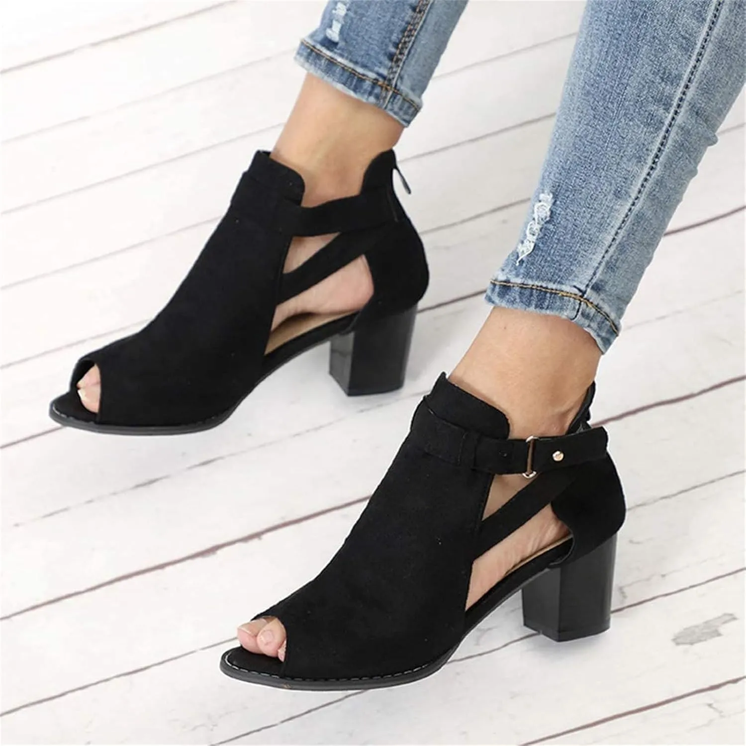ZHOUYF Womens Heeled Sandals Summer Peep Toe Booties Chunky Heel Cutout Sandals Ankle Strap Dress Sandals with Back Zipper