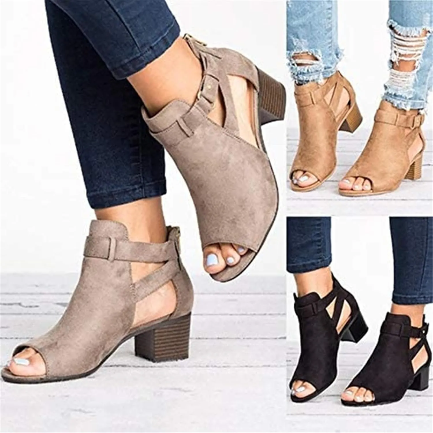 ZHOUYF Womens Heeled Sandals Summer Peep Toe Booties Chunky Heel Cutout Sandals Ankle Strap Dress Sandals with Back Zipper