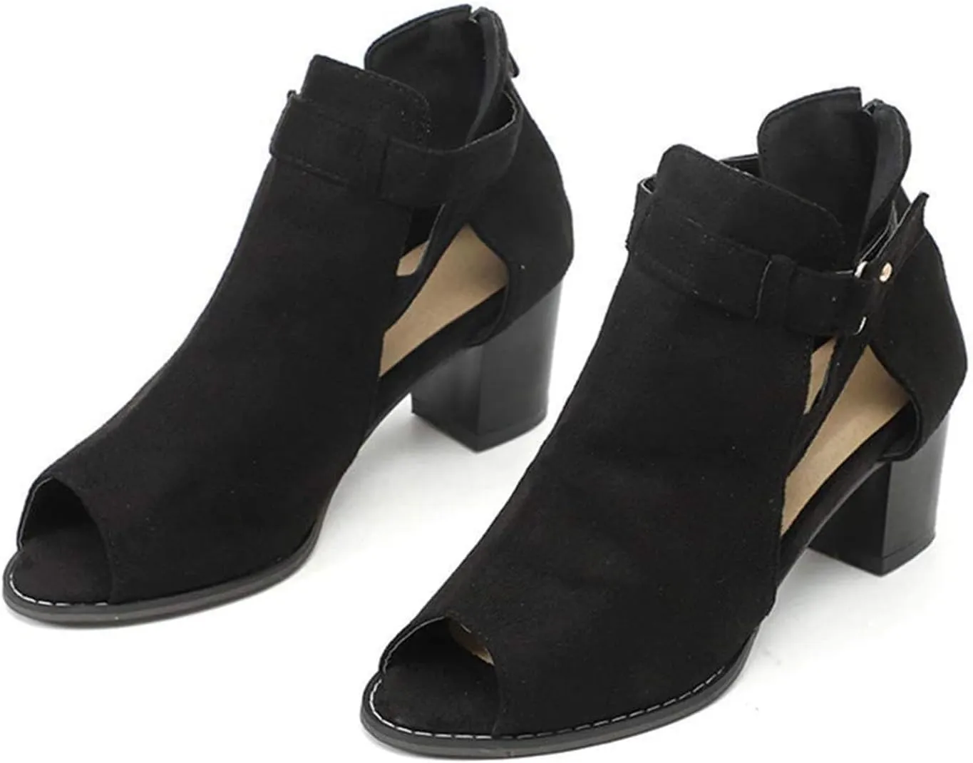 ZHOUYF Womens Heeled Sandals Summer Peep Toe Booties Chunky Heel Cutout Sandals Ankle Strap Dress Sandals with Back Zipper