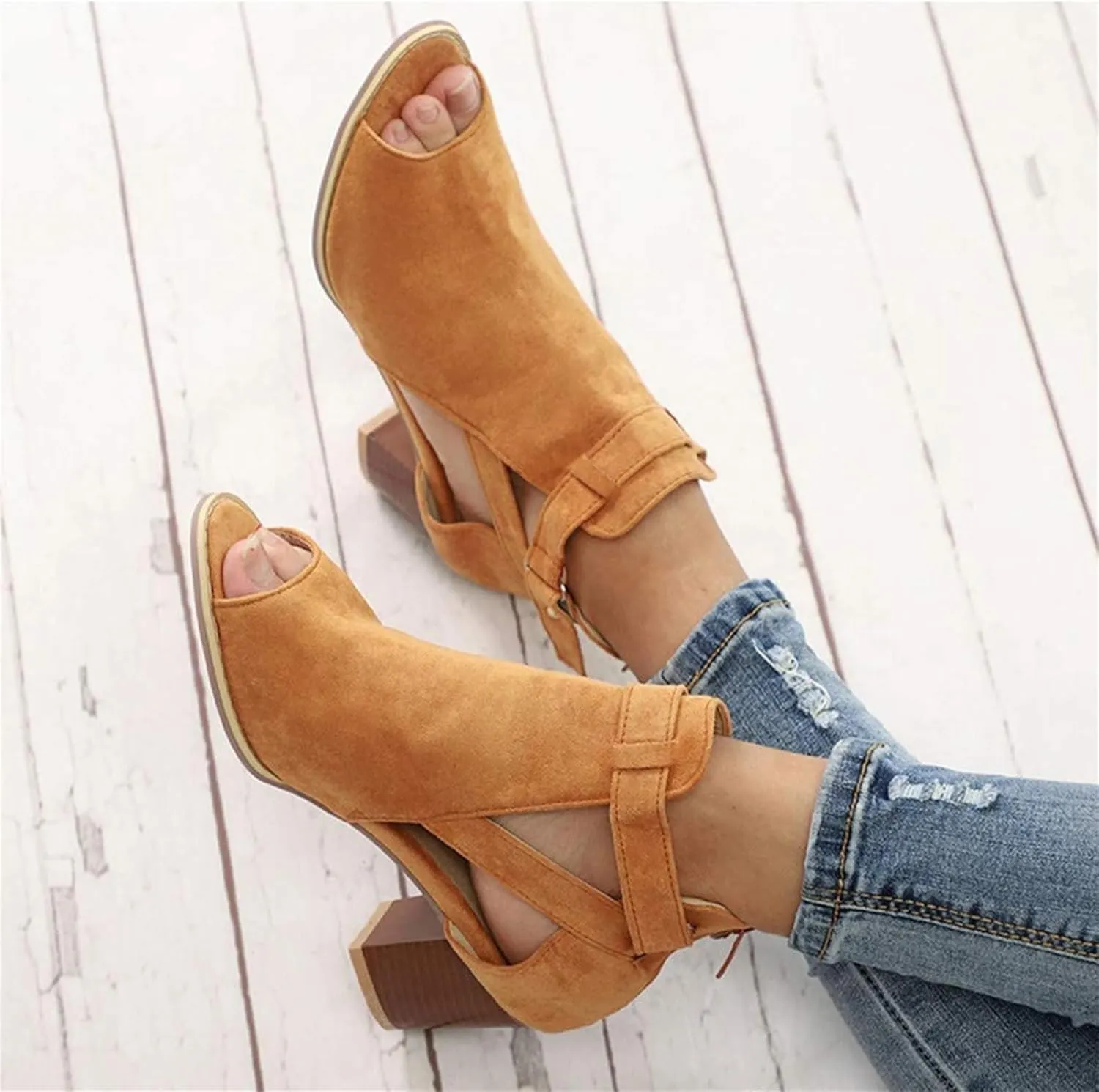 ZHOUYF Womens Heeled Sandals Summer Peep Toe Booties Chunky Heel Cutout Sandals Ankle Strap Dress Sandals with Back Zipper