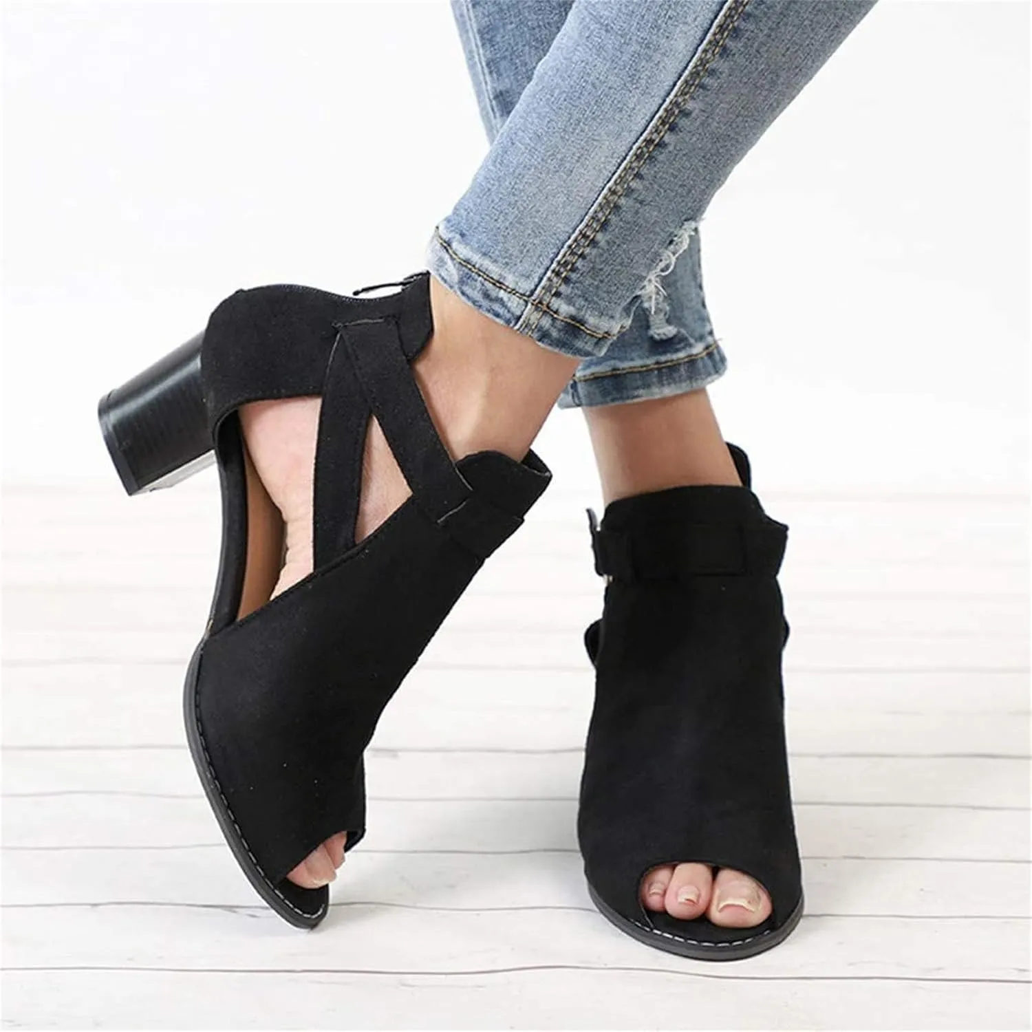 ZHOUYF Womens Heeled Sandals Summer Peep Toe Booties Chunky Heel Cutout Sandals Ankle Strap Dress Sandals with Back Zipper