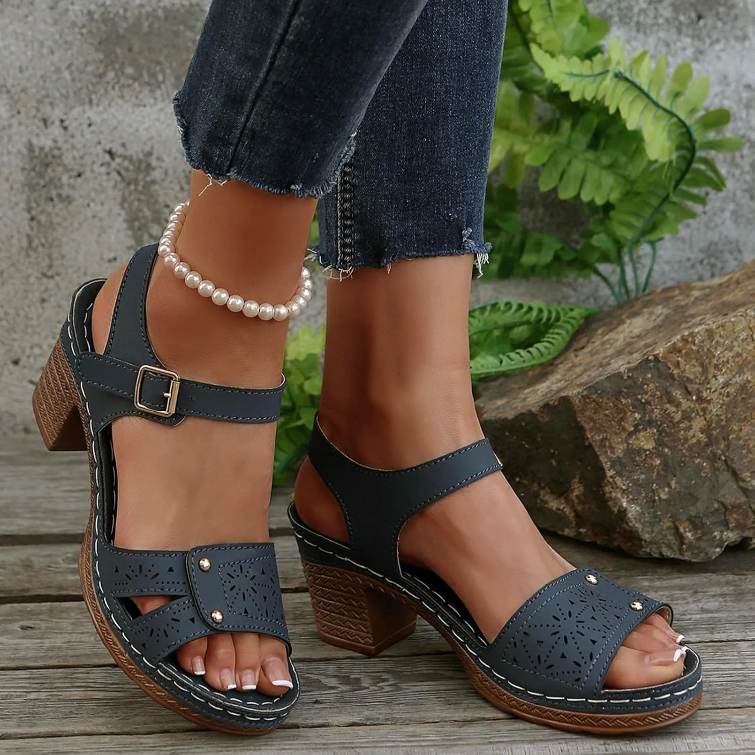 ZWRXW Open Toe Wedge Sandals for Womens Flower Buckle Ankle Strap Arch Support Orthopedic Wedge Casual Sandal Cute Fashion Dressy Bohemia Sandals Summer Comfortable Shoe