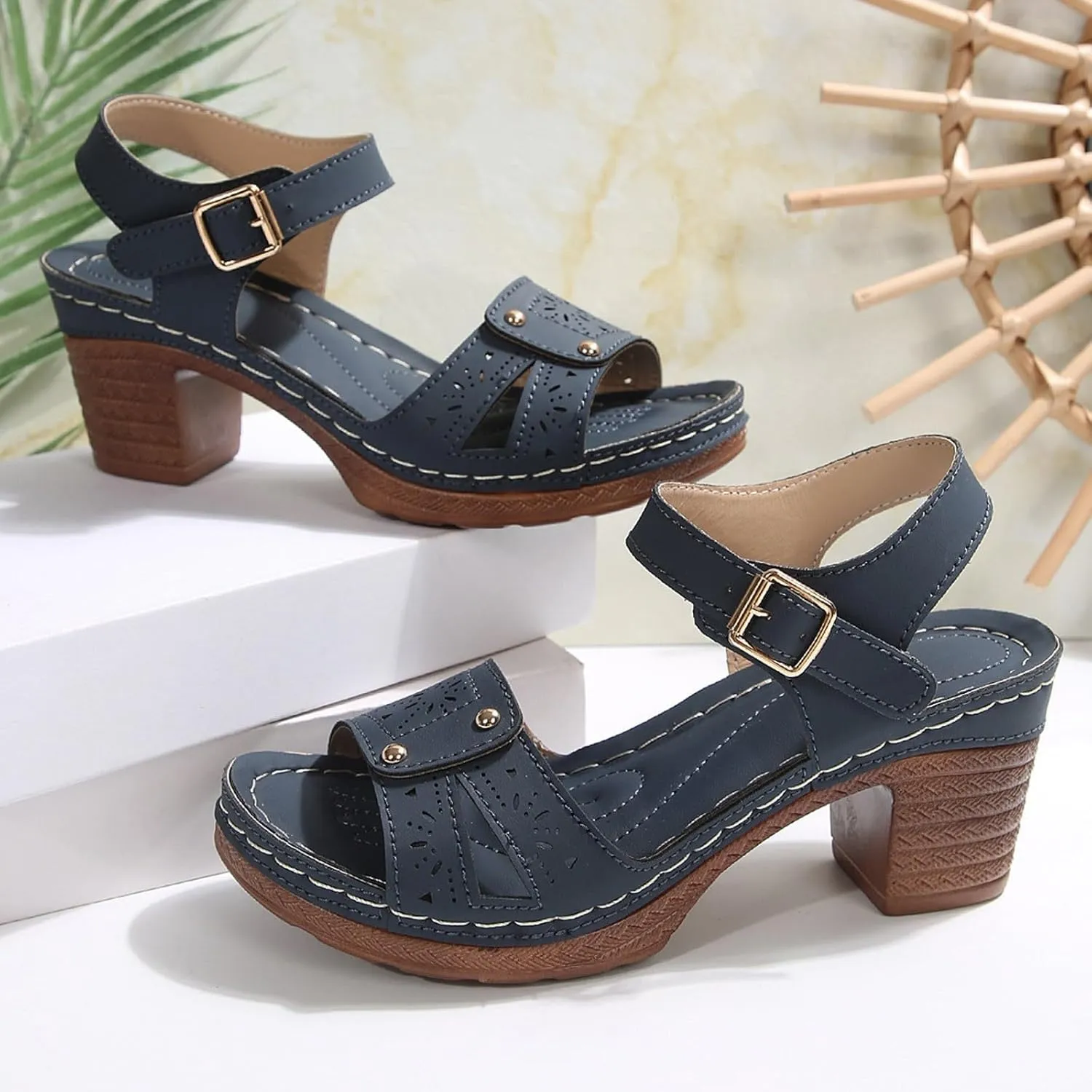ZWRXW Open Toe Wedge Sandals for Womens Flower Buckle Ankle Strap Arch Support Orthopedic Wedge Casual Sandal Cute Fashion Dressy Bohemia Sandals Summer Comfortable Shoe